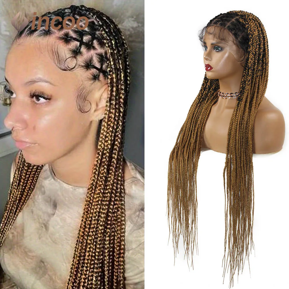 

36" Full Lace Box Braided Wigs Criss Cross Knotless 360 Front Braids Wig Ombre Synthetic Braided Wigs for Black Women Lace Wig