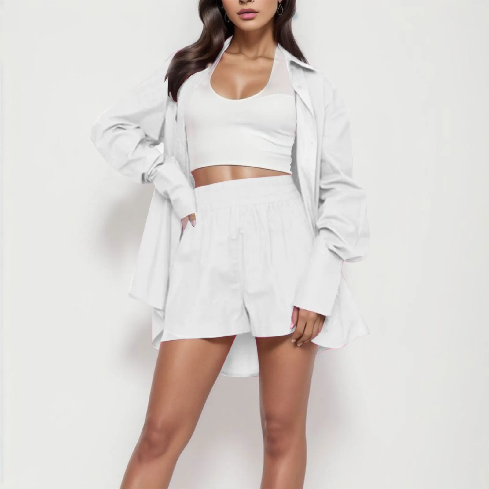 

Long Sleeve Single-breasted Top +Broad-legged Shorts Set Fashion Ladies Sexy Solid Suits Summer Autumn 2 Piece Outfits For Women