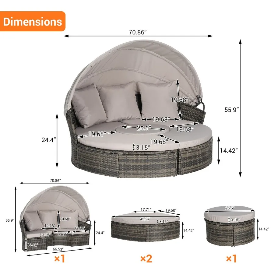 5 Pieces Outdoor Patio Round Daybed Furniture Wicker Conversation Set with Retractable Canopy Soft Cushions and Storable Table 5 Pieces Outdoor Patio Round Daybed Furniture Wicker Conversation Set with Retractable Canopy Soft Cushions and Storable Table
