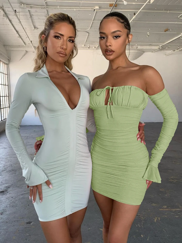 

Sexy Tube Top Lade-up Push Up Long Sleeve Dress Flounce Sleeve Bodycon Ruched Mini Dress Women Off Shoulder Dresses Y2k Dress