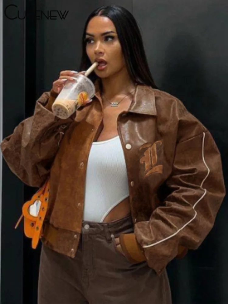 Cutenew Women Brown PU Leather Coat Letter Printed Jacket Blazer Turn-down Collar Button Hipster Female Streetwear Tops Cardigan
Cutenew Women Brown PU Leather Coat Letter Printed Jacket Blazer Turn-down Collar Button Hipster Female Streetwear Tops Cardigan