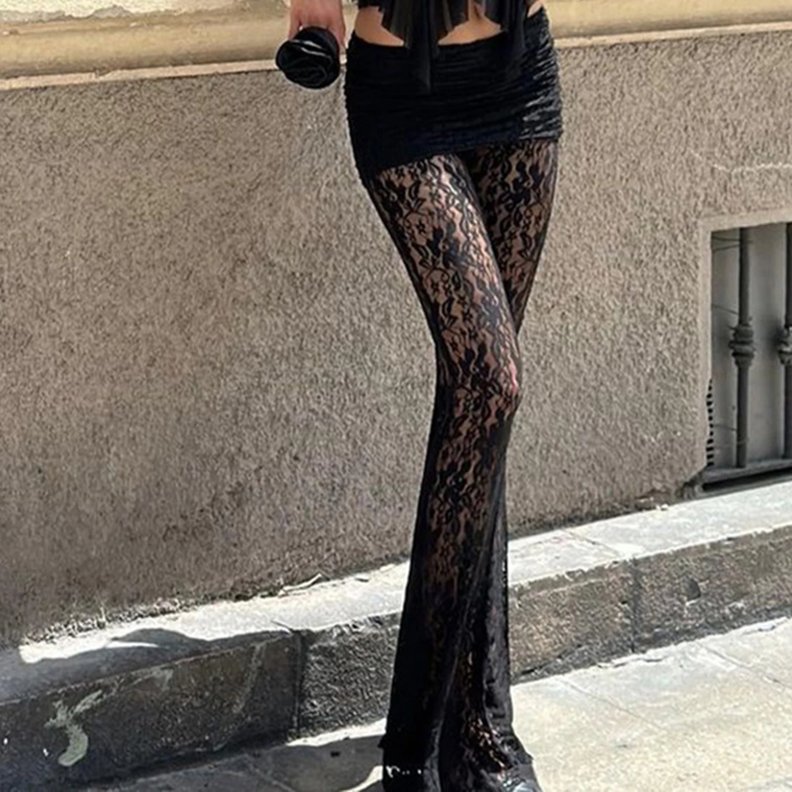 

Europe and America Cross border 2023 New Fashion Sexy Versatile Pants Lace Splicing Slim Fit Perspective High Waist Flare Pants