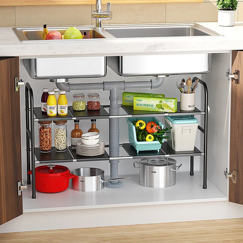 

Kitchen Sink Cabinet Shelf Dishes Organiser Storage Rack Expandable Rack Under Sink Multi-Function Pot Bathroom Space Saving