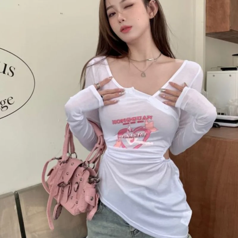 

New Sun Long Sleeve Hollow Print Slim T-shirt Design Summer Sweet Age Slimming Shirt