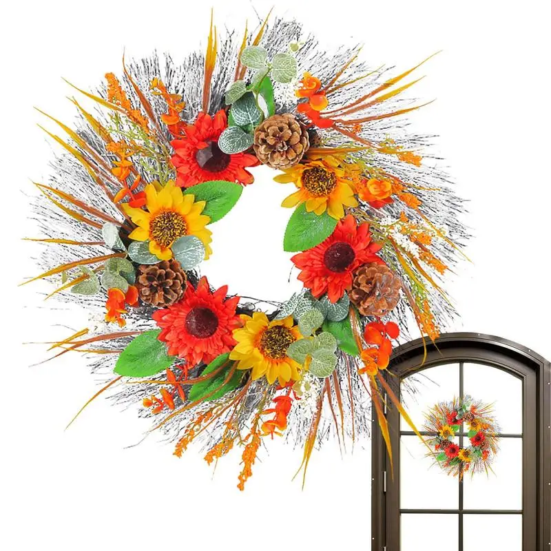 

Sunflower Wreath Artificial Sunflower Wreath With Pine Cones Wheat Ears 16 Inch Autumn Front Door Wreath For Farmhouse Harvest