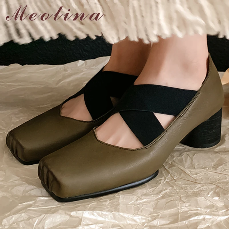 

Женские туфли с квадратным носком Meotina, туфли-лодочки из натуральной кожи, на толстом среднем каблуке, с перекрестными ремешками, бежевые, весна-осень, 40