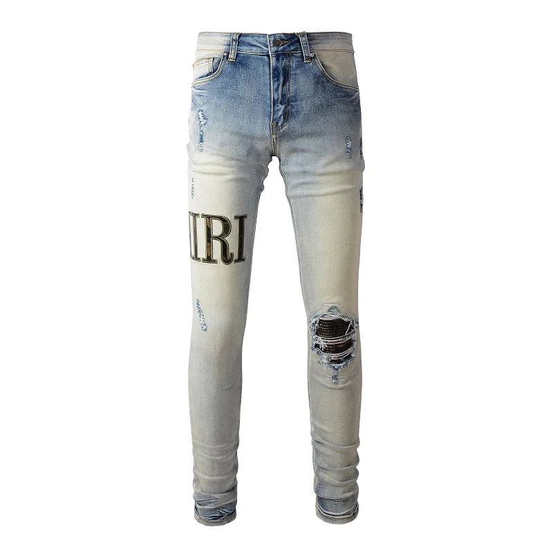 Men's Light Blue High Street Distressed Embroidered Letters Patch Skinny Stretch Ripped Streetwear Destroyed Holes Brand Jeans
Men's Light Blue High Street Distressed Embroidered Letters Patch Skinny Stretch Ripped Streetwear Destroyed Holes Brand Jeans