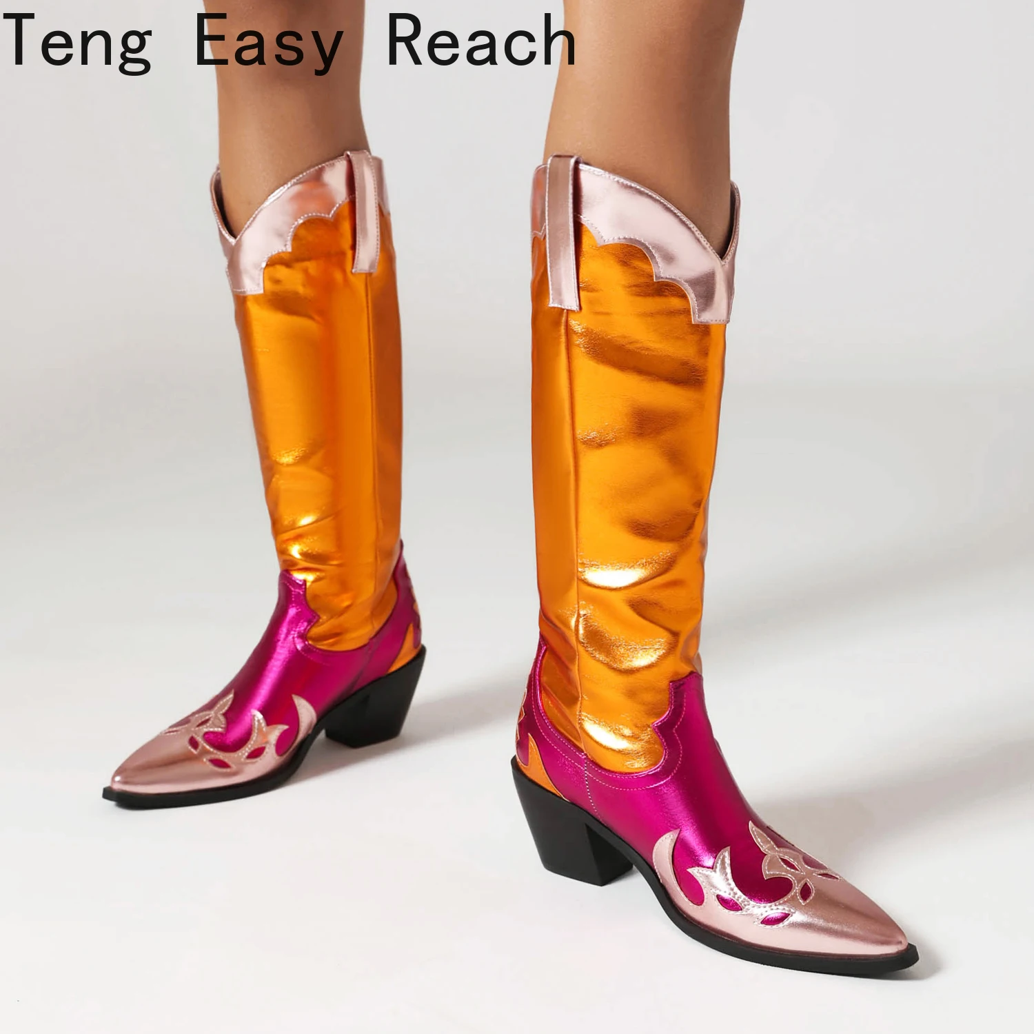 

Plus Size High Gloss Microfiber Material Color Matching Boots Pointed Toe Tapered Thick Heels Breathable Lining Knee High Boots