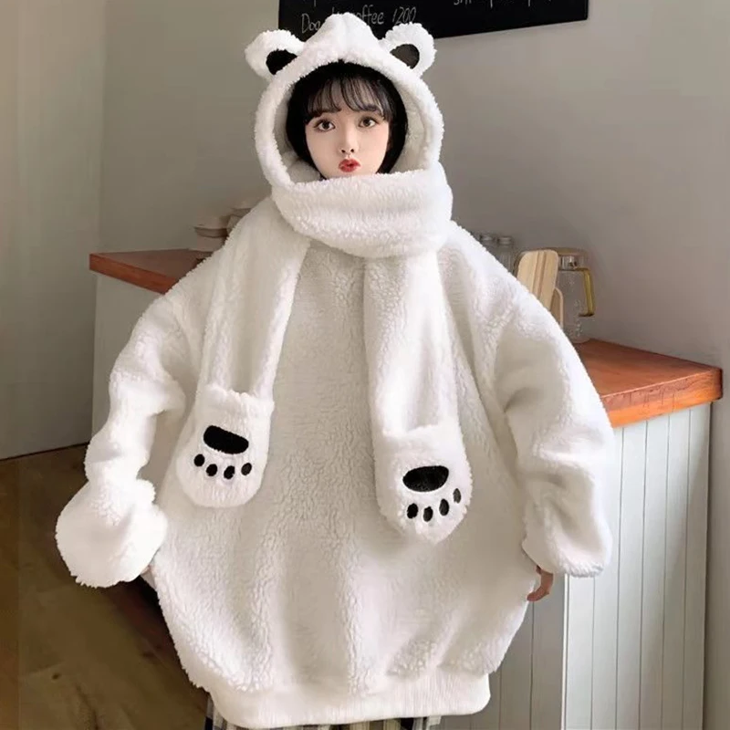 

Loose Ladies Pullovers Warm Plush Thick Sweatshirts Tops Women Lamb Wool Hoodies Kawaii Bear Ear Cap Faux Fur Hooded Jumper New