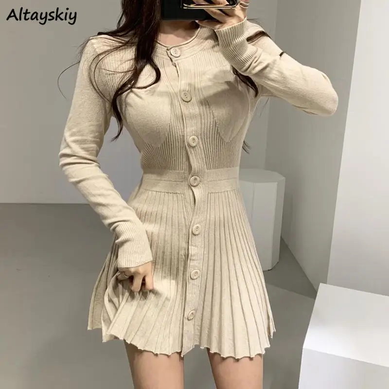 Dresses Women Waist Slimming Knitted Pleated A-line Round-neck Solid Mini All-match Korean Fashion Chic Spring Vestidos Casual
Dresses Women Waist Slimming Knitted Pleated A-line Round-neck Solid Mini All-match Korean Fashion Chic Spring Vestidos Casual