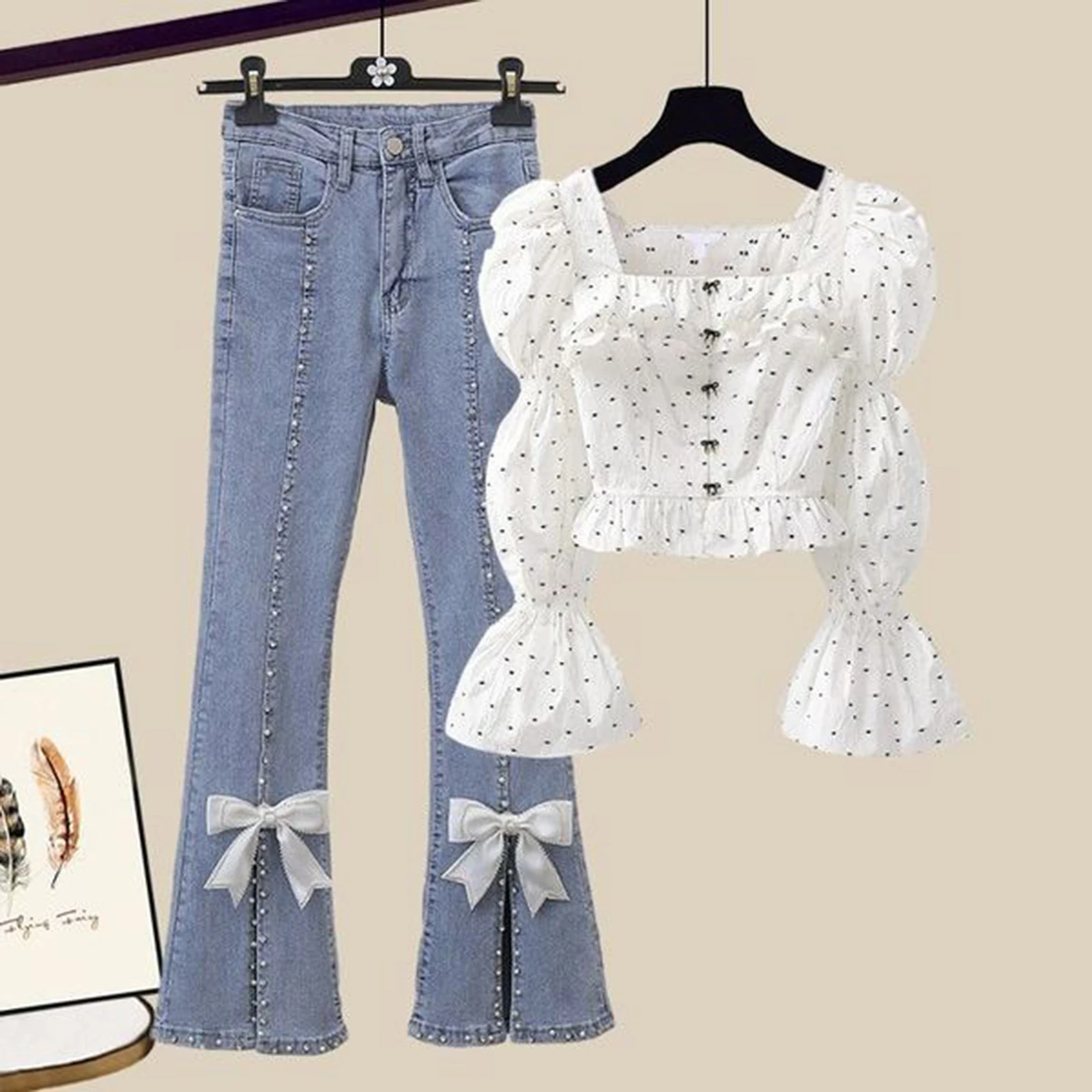 

Sweet and Fashionable Set with Bubble Sleeves Square Necked Shirt+Studded Beaded Decorative Jeans Women's Spring Two-piece Set