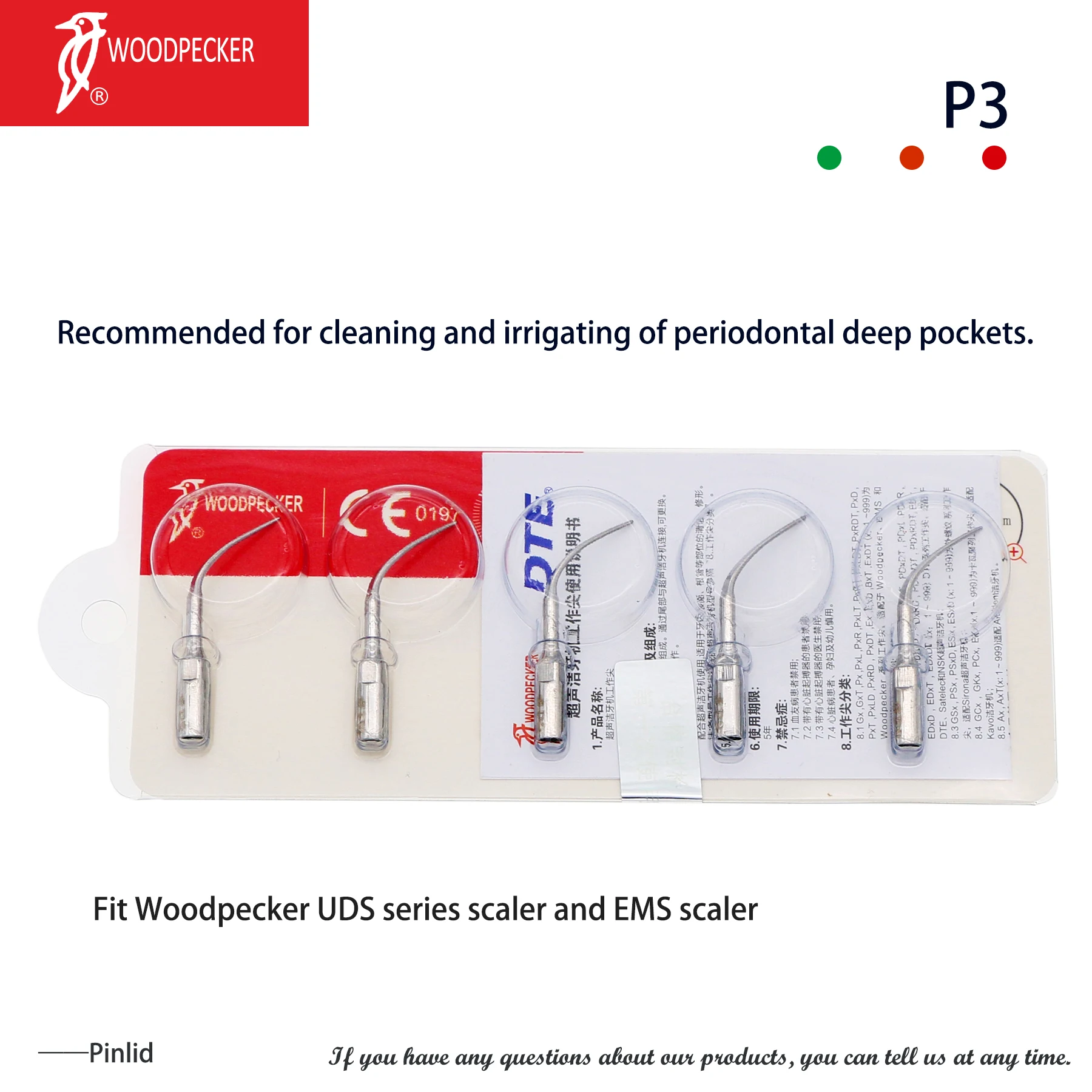 Woodpecker Dental Ultrasonic Scaler Periodontics Tips P3 Fit for EMS Handpieces 
Woodpecker Dental Ultrasonic Scaler Periodontics Tips P3 Fit for EMS Handpieces