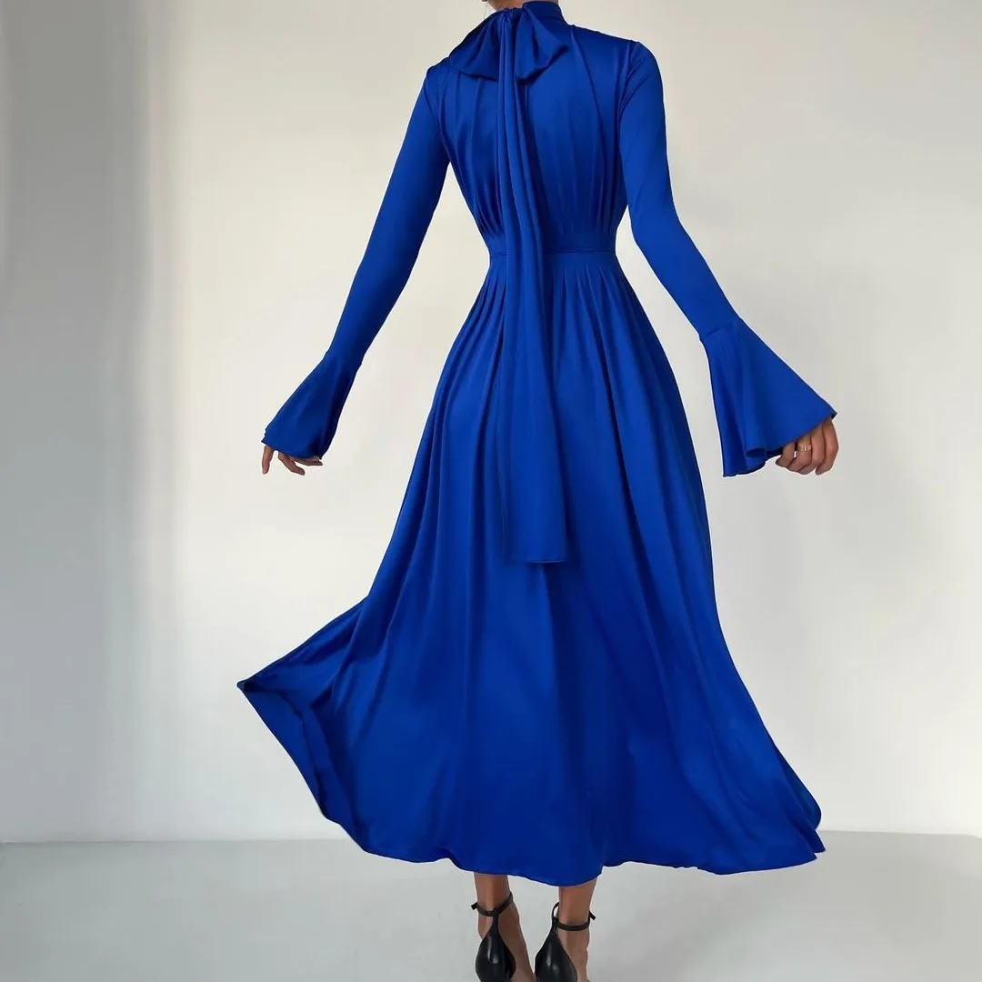 

Casual Solid Pleated Women's Dresses Elegant Turtleneck Hollow Party Dress 2023 Autumn Solid Flare Sleeves High Waist Long Dress