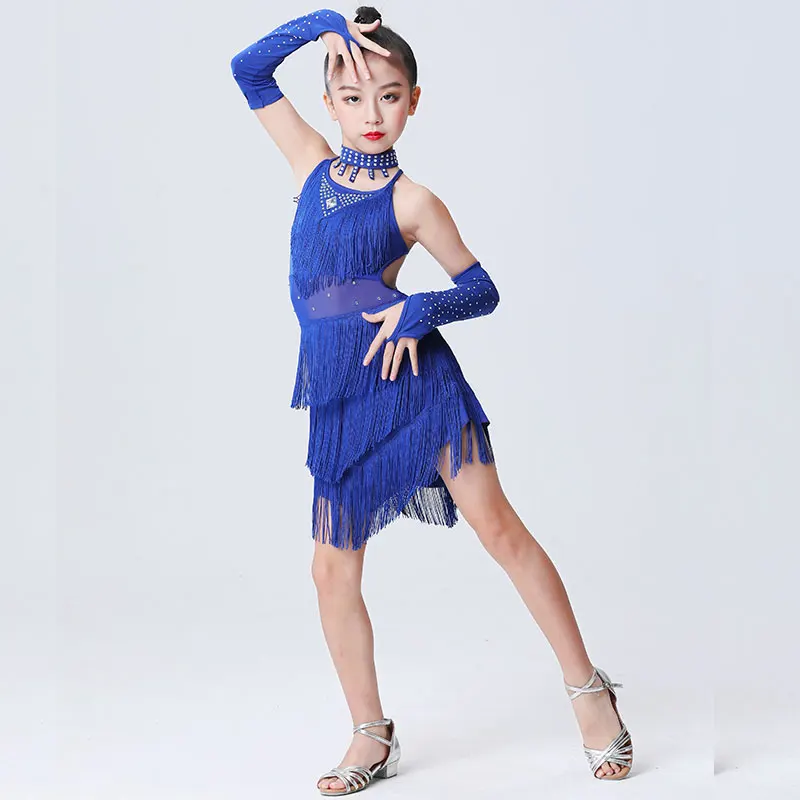 

Children Sequined Latin Ballroom Dance Dress Girls Fringe Dancewear Costumes Performance Clothes