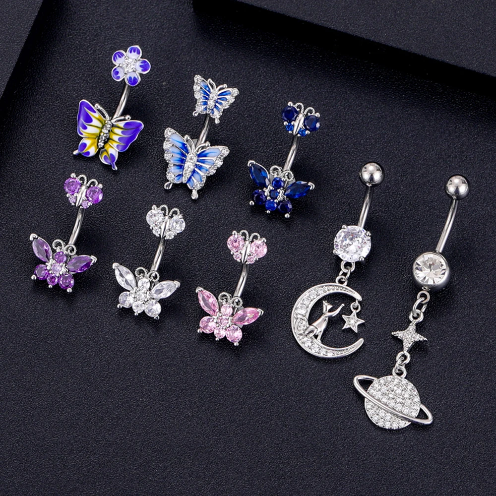 

1PC Butterfly Belly Button Ring 316L Steel Pick Star Crystal Surgical Navel Rings Belly Piercing Body Jewelry Dangled Drop Oreja