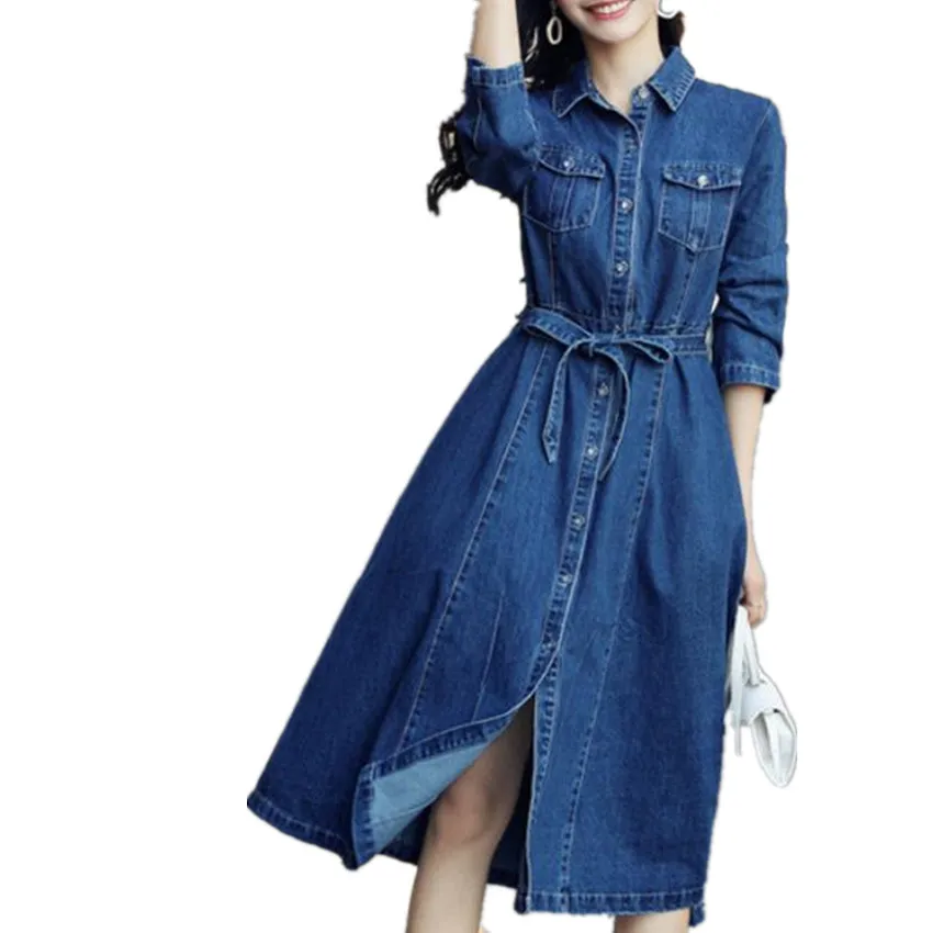 Women Denim Dress spring Autumn Casual High Waist Turn Down Collar A-Line Jeans Dress
Women Denim Dress spring Autumn Casual High Waist Turn Down Collar A-Line Jeans Dress