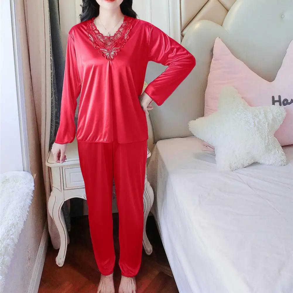 

Two-piece Home Loungewear Spring Pajamas Silky Satin Lace Embroidery Pajamas Set V Neck Top Elastic Waist Pants Soft for Women