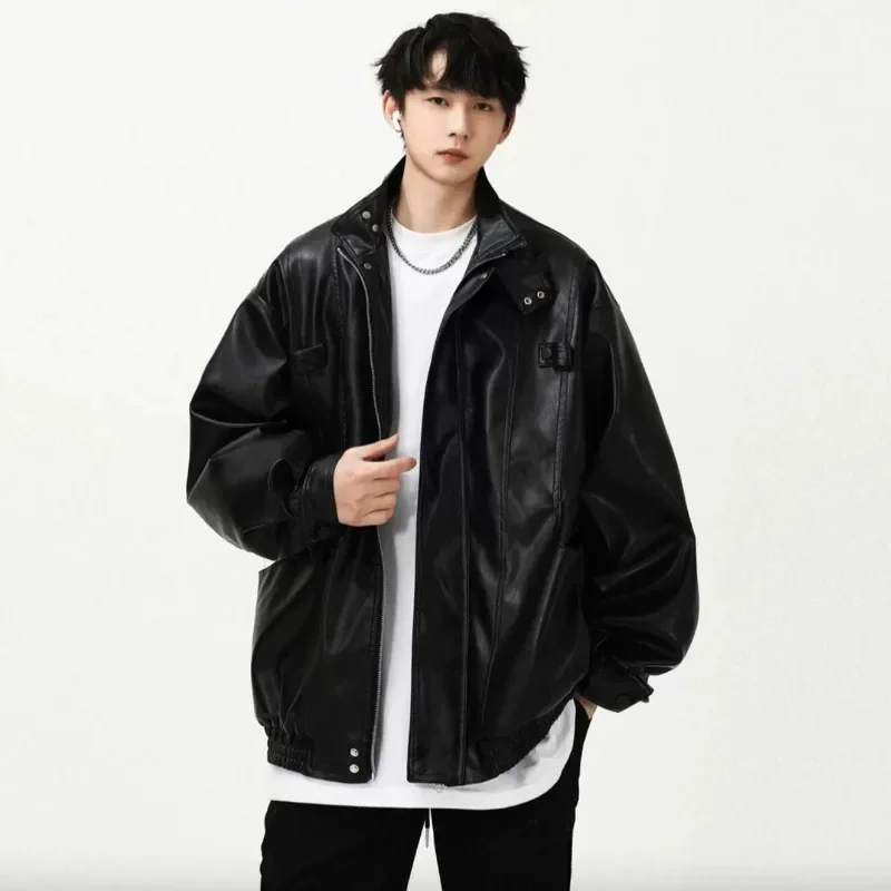 

Men's Loose Tooling PU Leather Jacket Motorcycle Suit Autumn High Street Casual Stand-up Collar Jackets Zipper Buttons Tops