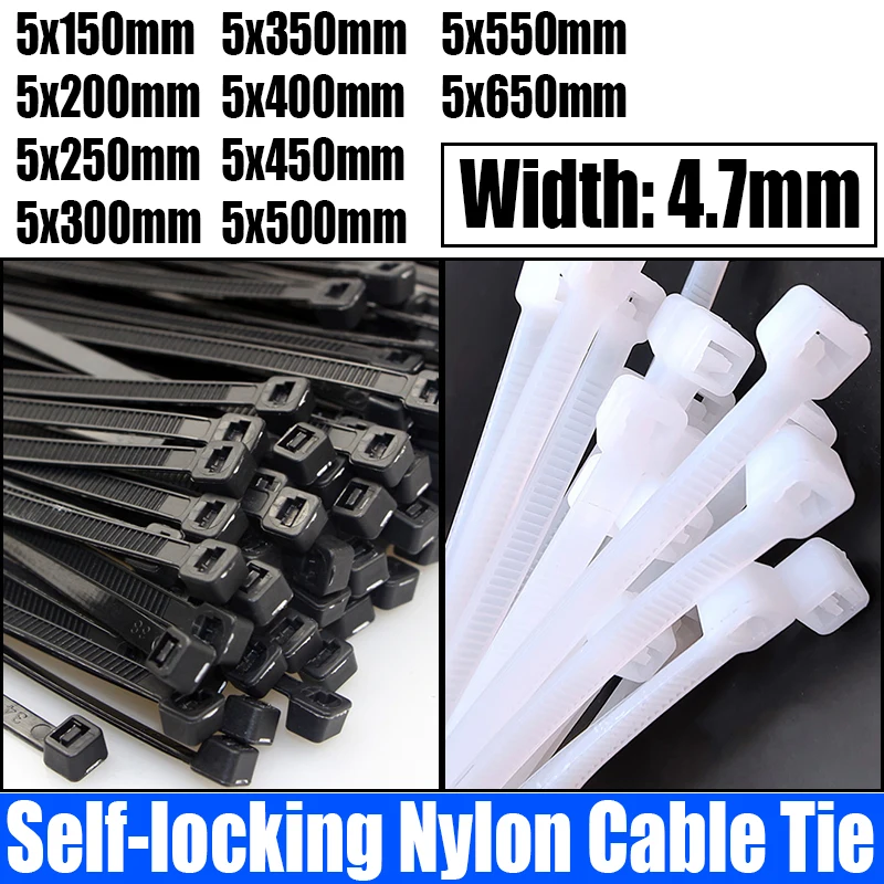 

250/500PCS White/Black Self-locking Plastic Nylon Cable Tie Zip Wrap Strap Nylon Cable Tie Cable/Wire Fastening Ring 5x150-650mm