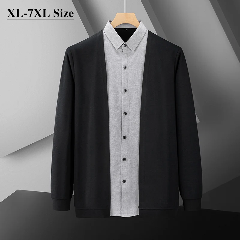 

Plus Size Men's Knitted Cardigan Sweater Fake Two Piece Coat Business Casual Baggy Elasticity Soft Knitwear Black 5XL 6XL 7XL