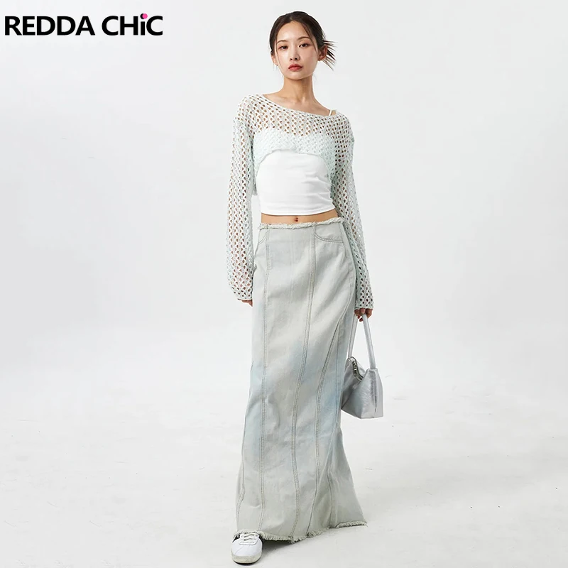 

ReddaChic Tie Dye Fishtail Long Jeans Skirt for Women Slit Back Low Waist Frayed Raw Edge Denim Maxi Skirt Y2k Vintage Clothes