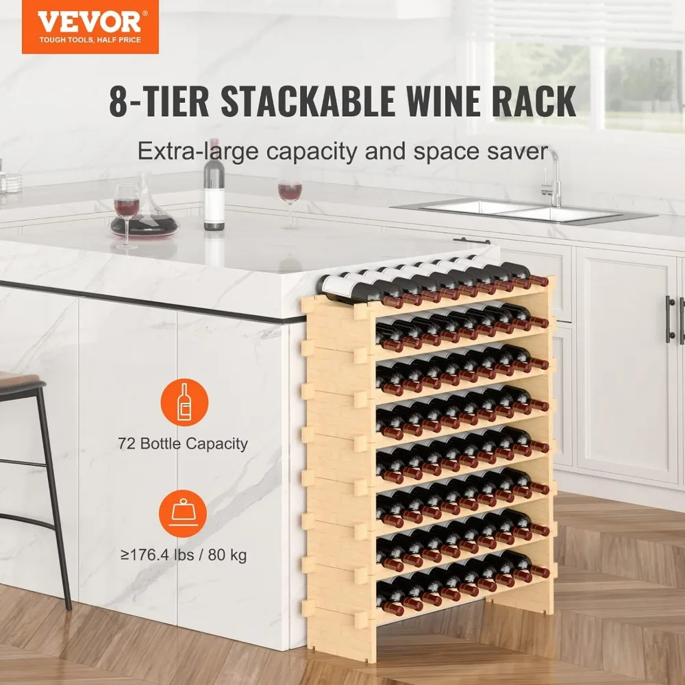 

VEVOR 72 Bottle Stackable Modular Wine Rack, 8-Tier Solid Bamboo Wood Storage Racks, Floor Freestanding