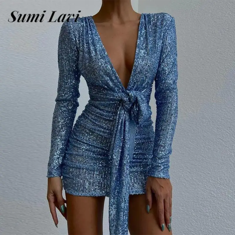 Модное платье с блестками, длинным рукавом и запахом на бедрах, Привлекательное Женское платье с глубоким V-образным вырезом, модель сезона осень 2023 года, женское мини-платье на шнуровке с поясом 
Модное платье с блестками, длинным рукавом и запахом на бедрах, Привлекательное Женское платье с глубоким V-образным вырезом, модель сезона осень 2023 года, женское мини-платье на шнуровке с поясом