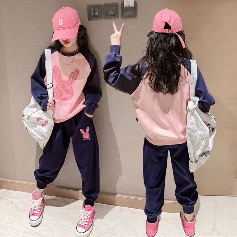 

Spring Atumn Girls Contrast Cartoon Hoodie+Sweatpant Sets School Kid Tracksuit Students Jogger Suit Child Outfits 5 7 9 11 15Yrs