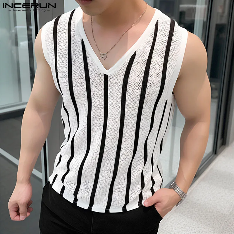

INCERUN Tops 2024 Korean Style Fashion Men's V-neck Striped Perspective Vests Casual Streetwear Sexy Sleeveless Tank Tops S-5XL