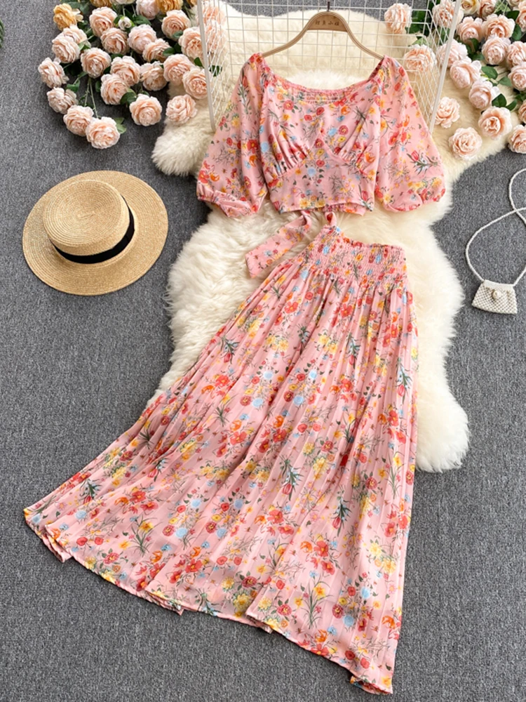 

Holiday Style Floral Suit Women's Summer Chiffon Blouse Women's High-waist Pleated Skirt Two-piece Age Reduction DK480