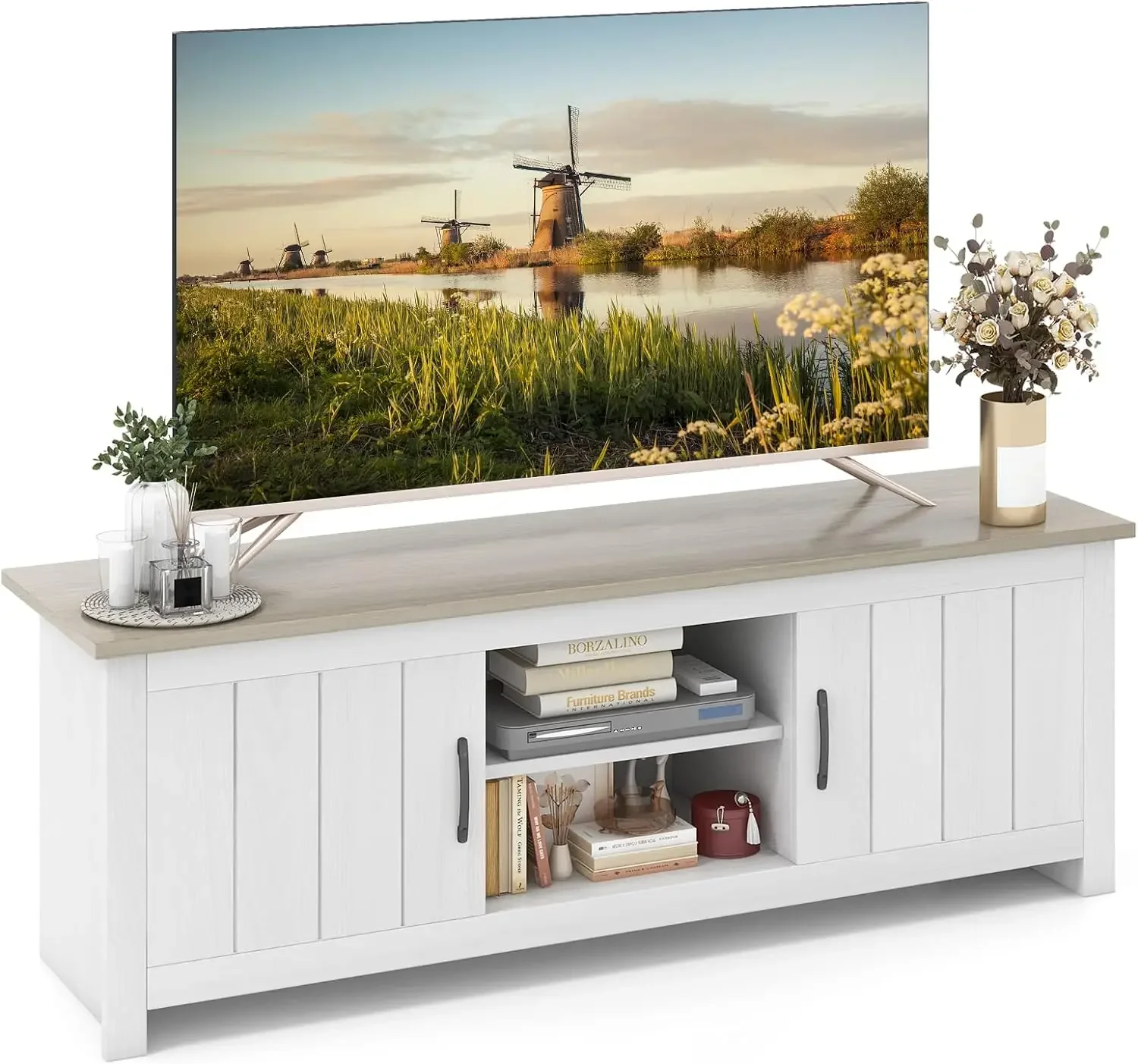 2 Doors TV Stand for TVs up to 65”, 57”TV Console Table w/ 2 Cabinets & Open Shelves, Media Entertainment Center,for Living Room
2 Doors TV Stand for TVs up to 65”, 57”TV Console Table w/ 2 Cabinets & Open Shelves, Media Entertainment Center,for Living Room