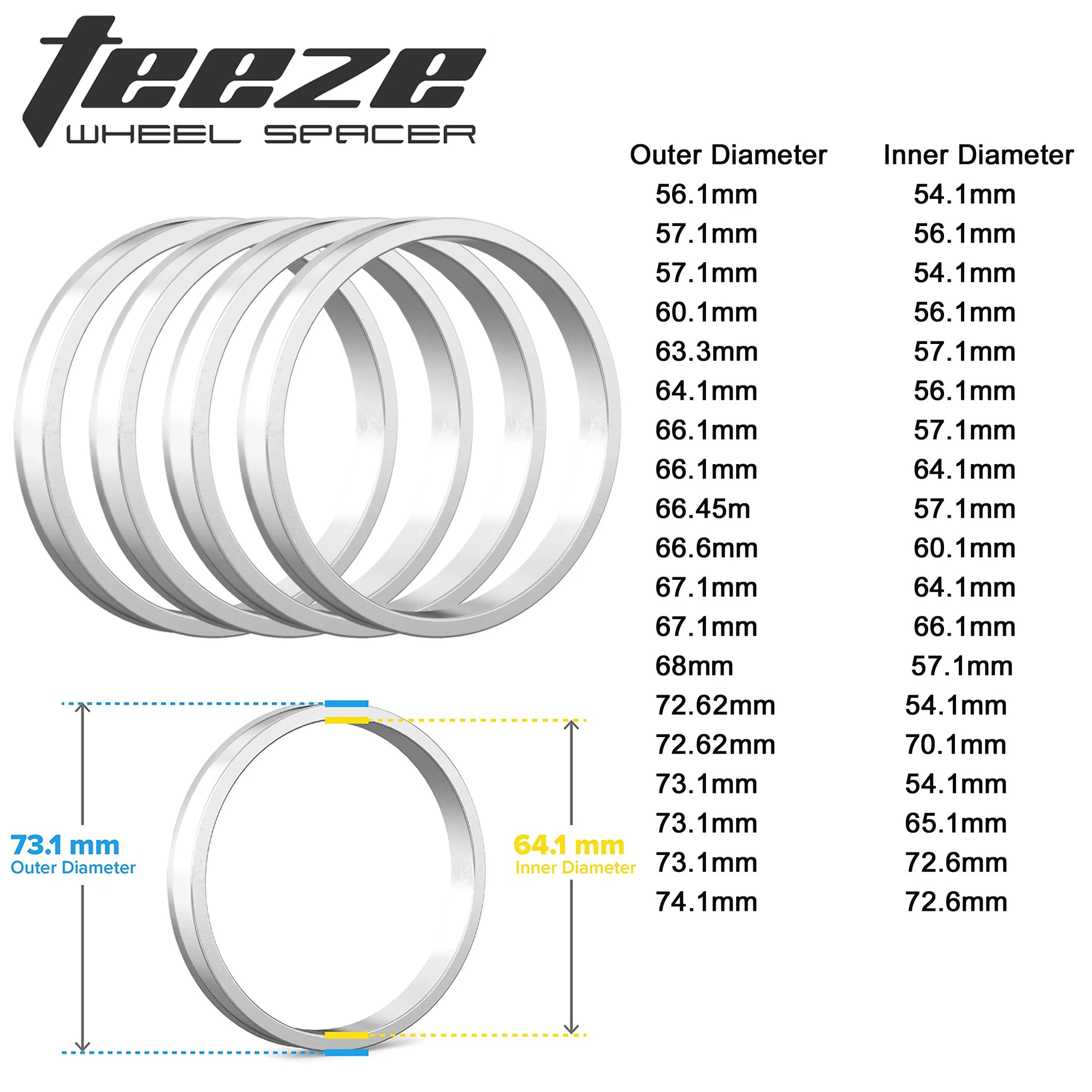 TEEZE 4pcs OD 56.1mm 57.1mm 63.4mm to ID 54.1mm 56.1mm 64.1mm Car Hub Centric Rings Wheel Bore Center Spacer Aluminum Alloy
TEEZE 4pcs OD 56.1mm 57.1mm 63.4mm to ID 54.1mm 56.1mm 64.1mm Car Hub Centric Rings Wheel Bore Center Spacer Aluminum Alloy