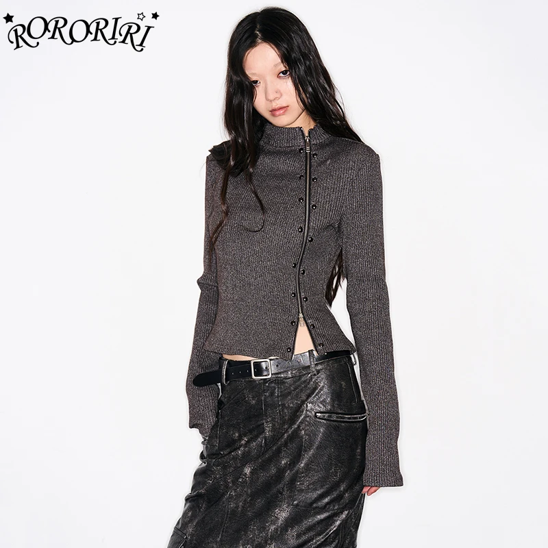 

RORORIRI Irregular Zip-up Turtleneck Sweater Women Retro Gray Studded Long Sleeves Jumper Knit Top Jacket Grunge Y2k Streetwear