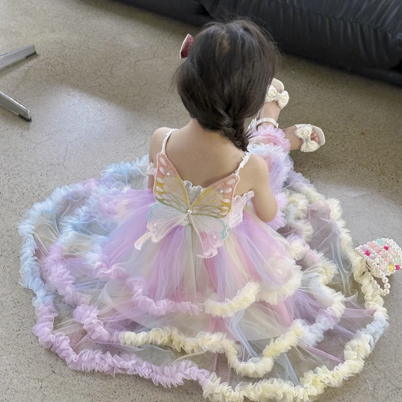 

Baby Girls Clothes Princess Dresses Girl's Rainbow Yarn Lace Ruffle Butterfly Fairy Children Toddler Girl Long Dress