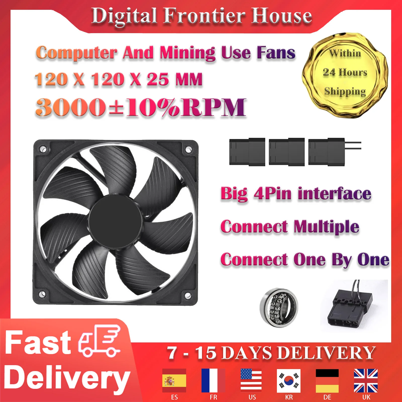 High Speed Two Ball Bearing 12cm 12025 12V Case Cooling System 3000RPM Fan For Computer BTC Mining Frame Server 120mm Miner Fans |