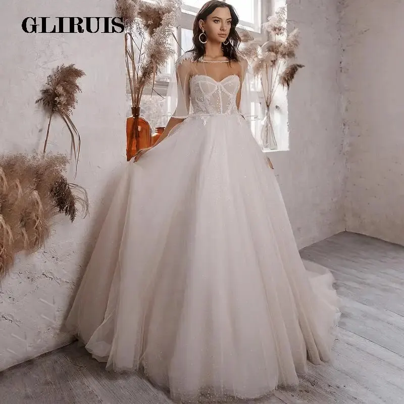 

New Design Sweetheart Wedding Dress See Through Applique Detachable Shawl Lace Up Tulle A Line Bridal Gown 2022 Vestido De Noiva