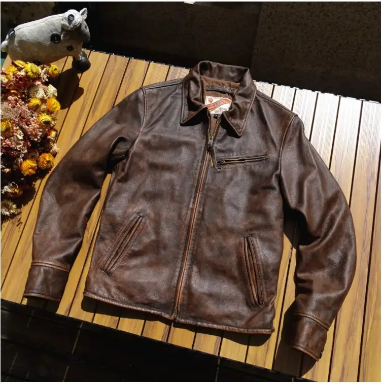 

YR!Free shipping.Classic motor Rider style real leather coat.Men 1930 vintage brown cowhide jacket.Soft leather outwear.Cool