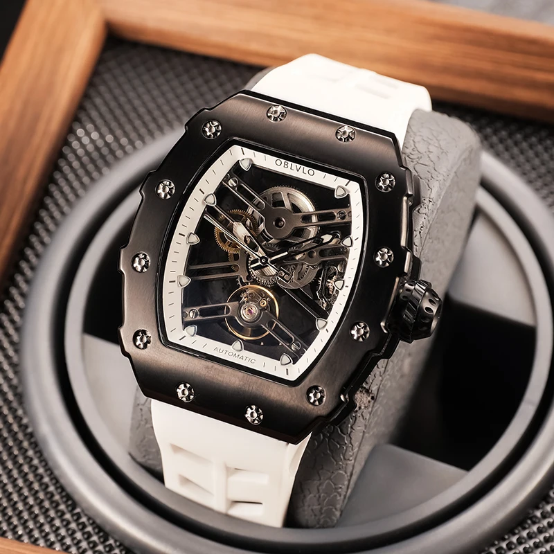 

OBLVLO Luxury Mens Hollow-out Black Steel Case Mechanical Watch Fashion Tonneau Skeleton White Rubber Sport Wristwatches XM