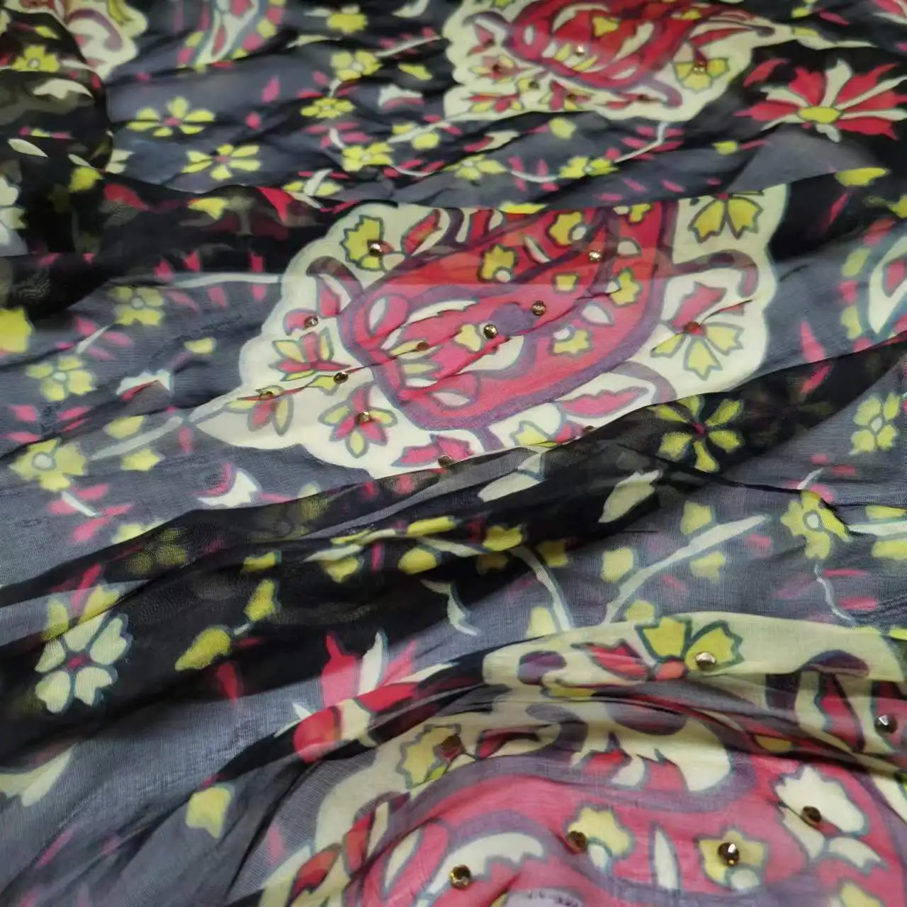 

New Silk Fabric With Rhinestones Bling Gem Paisley Print Saree Dress Quality Material