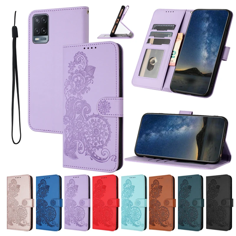 

Phone Cases For OPPO Realme 11 11 Pro 10 9i 9 Pro 8 7 Pro C25 C15 Narzo 30 Pro/20/V11 A94 A92 A77 Wallet Datura Embossed Leather