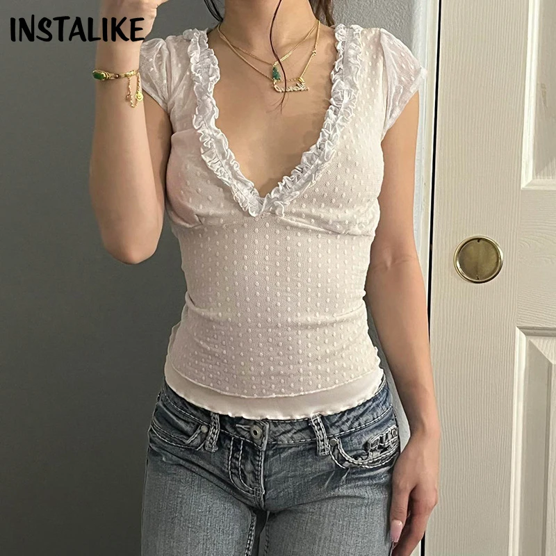 

InstaLike Mesh y2k Vintage Chic V Neck Summer T-shirts for Women Fashion Top Spliced Ruched Cutecore Dot Sweet Cottagecore New