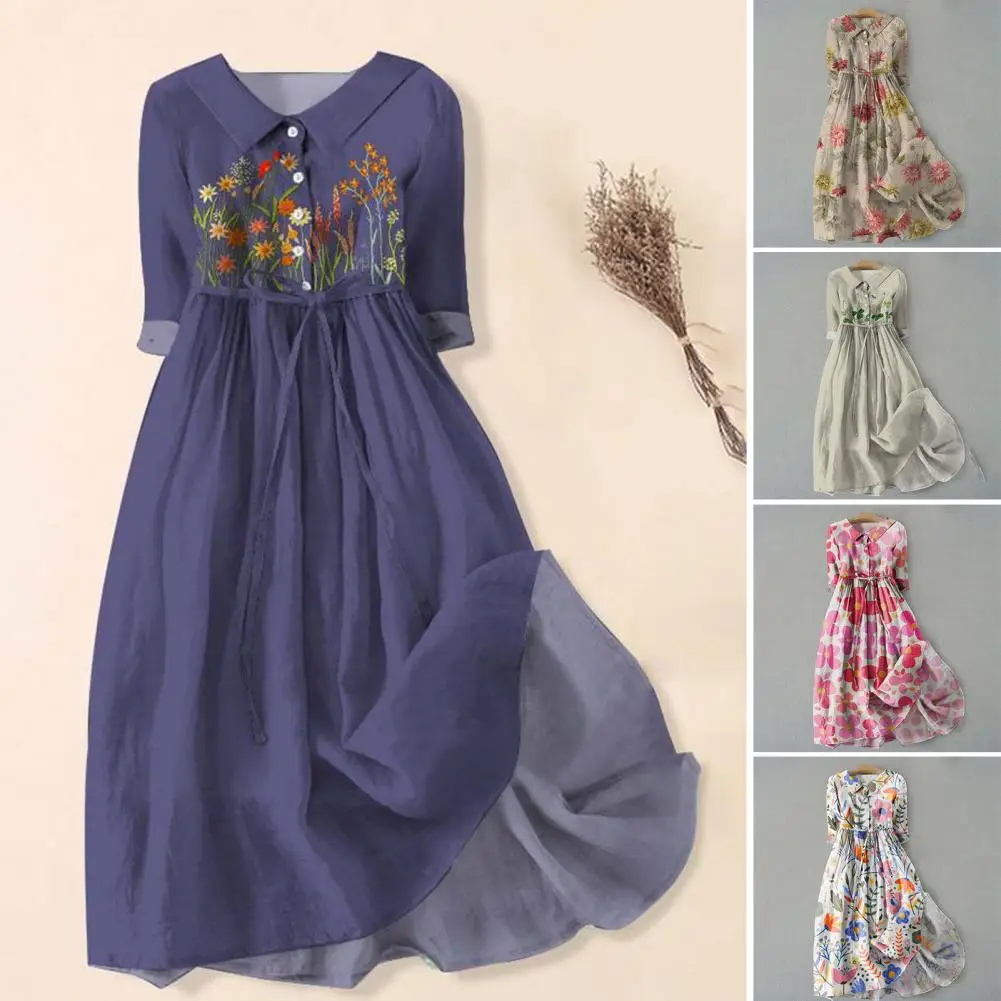 

Женское летнее платье-миди с цветочным принтом, коротким рукавом и поясом