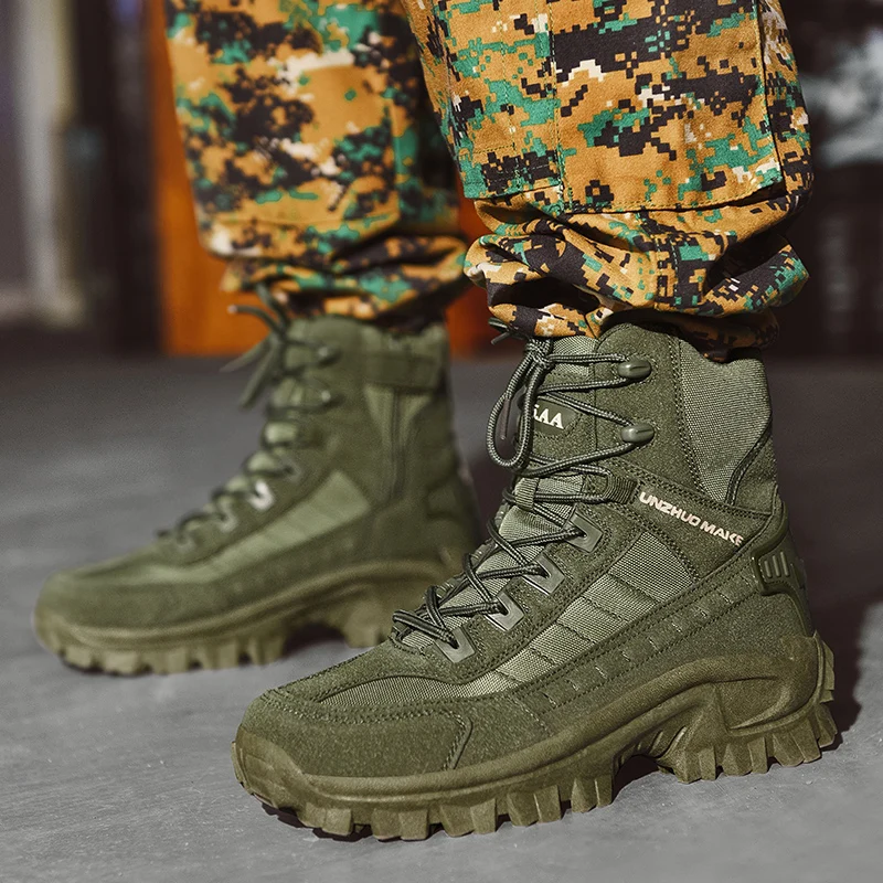 

Зеленые военные мужские тактические ботинки, осенняя новая походная обувь, уличная Военная прочная качественная Нескользящая тактическая обувь на боковой молнии Big46