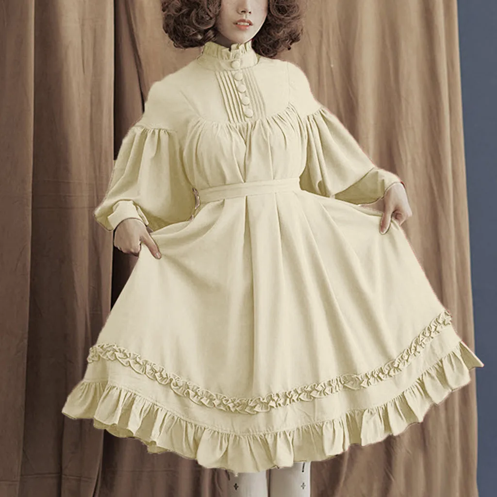 

Женское платье с длинным рукавом, готическое свободное платье в стиле «Лолита» с воротником-стойкой и кружевными рукавами-фонариками