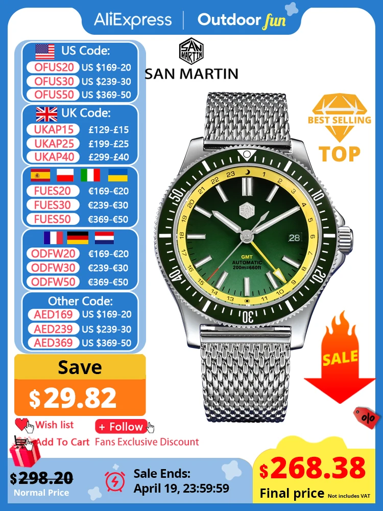 

San Martin оригинальный дизайн 41 мм GMT часы для дайвинга NH34 автоматический механический быстроразъемный Браслет Водонепроницаемый 200 м светящийся SN0119