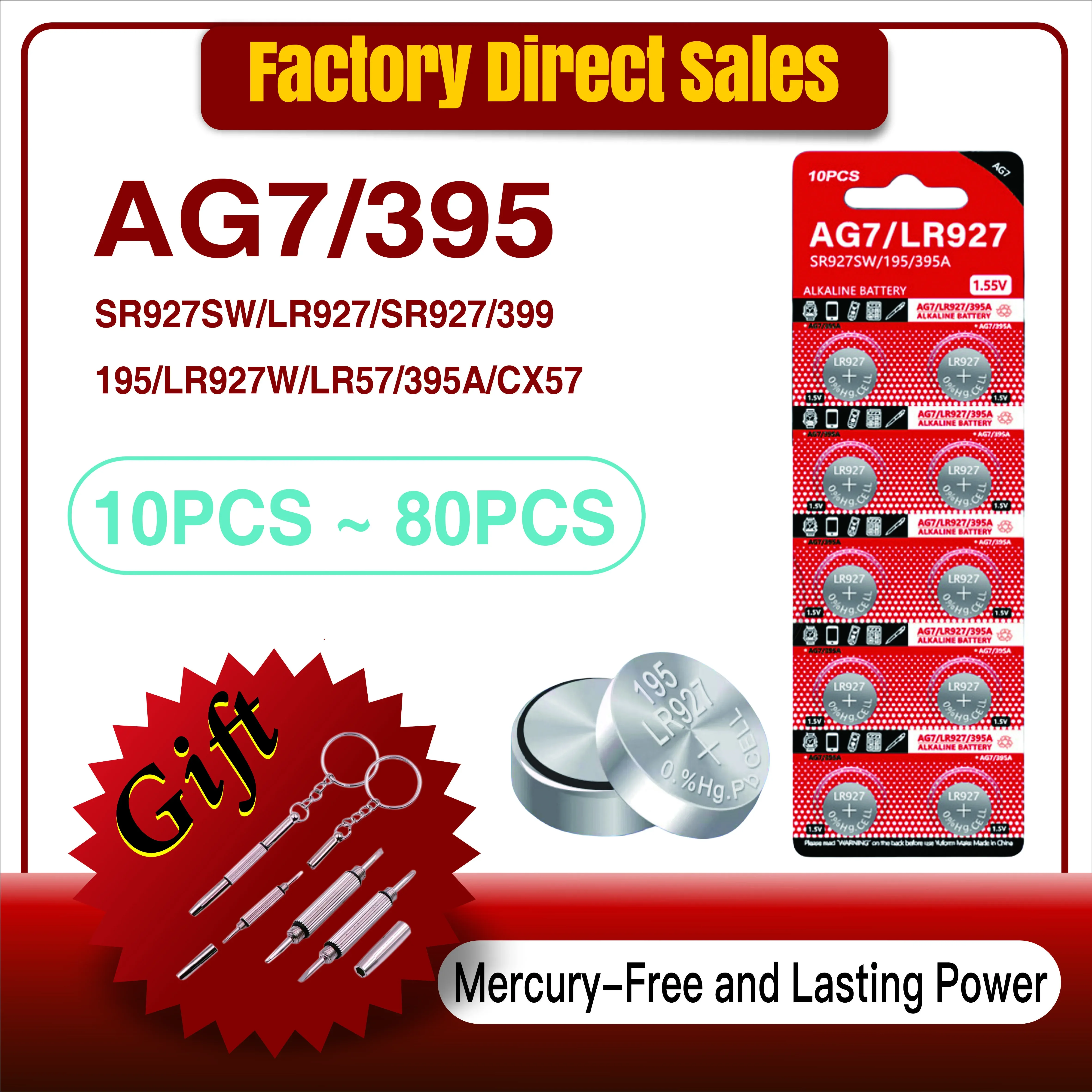 

10-80PCS AG7 LR927 395 1.55V Button Batteries For Watch Toys Remote LR57 SR927 LR926 395A 399 195 Cell Coin Alkaline Battery