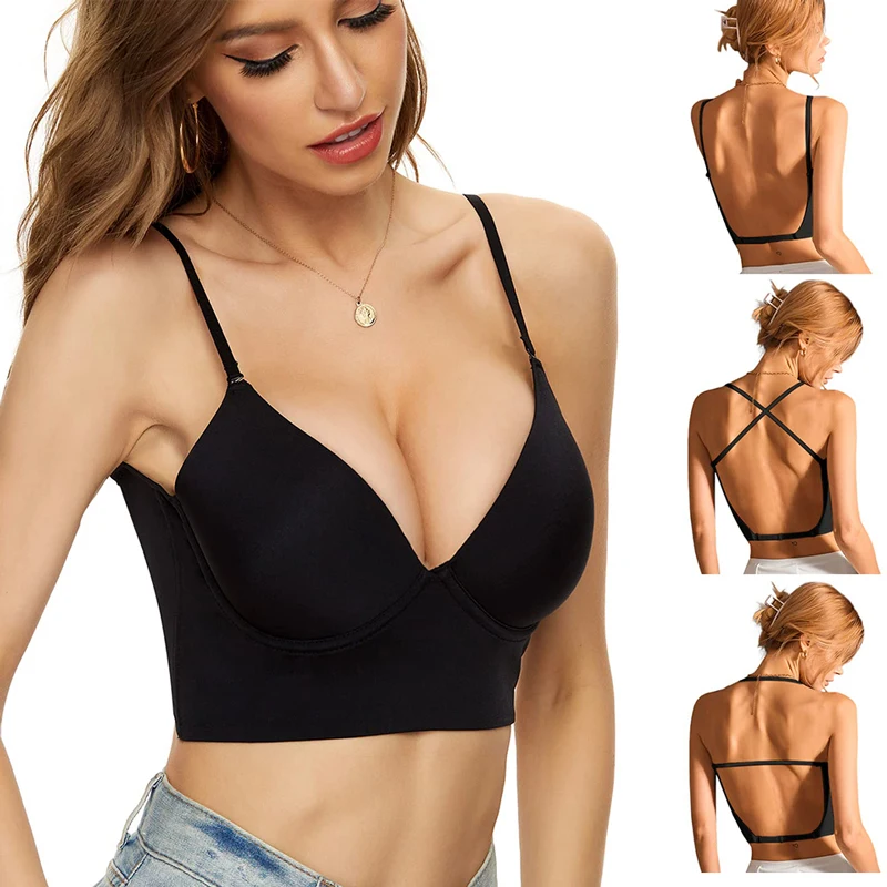 

Women's Plunge U Shape Backless Bra Sexy Breast Push Up Bras for Low Back Dresses Outdoor Cami Top Multiway Seamless Underwear