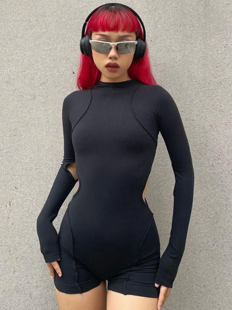 

Solid Colour Cutout Long Sleeve Womens Clothing Slim Fit Short Playsuit High-waisted O-Neck One Piece Streetwear Ropa De Mujer