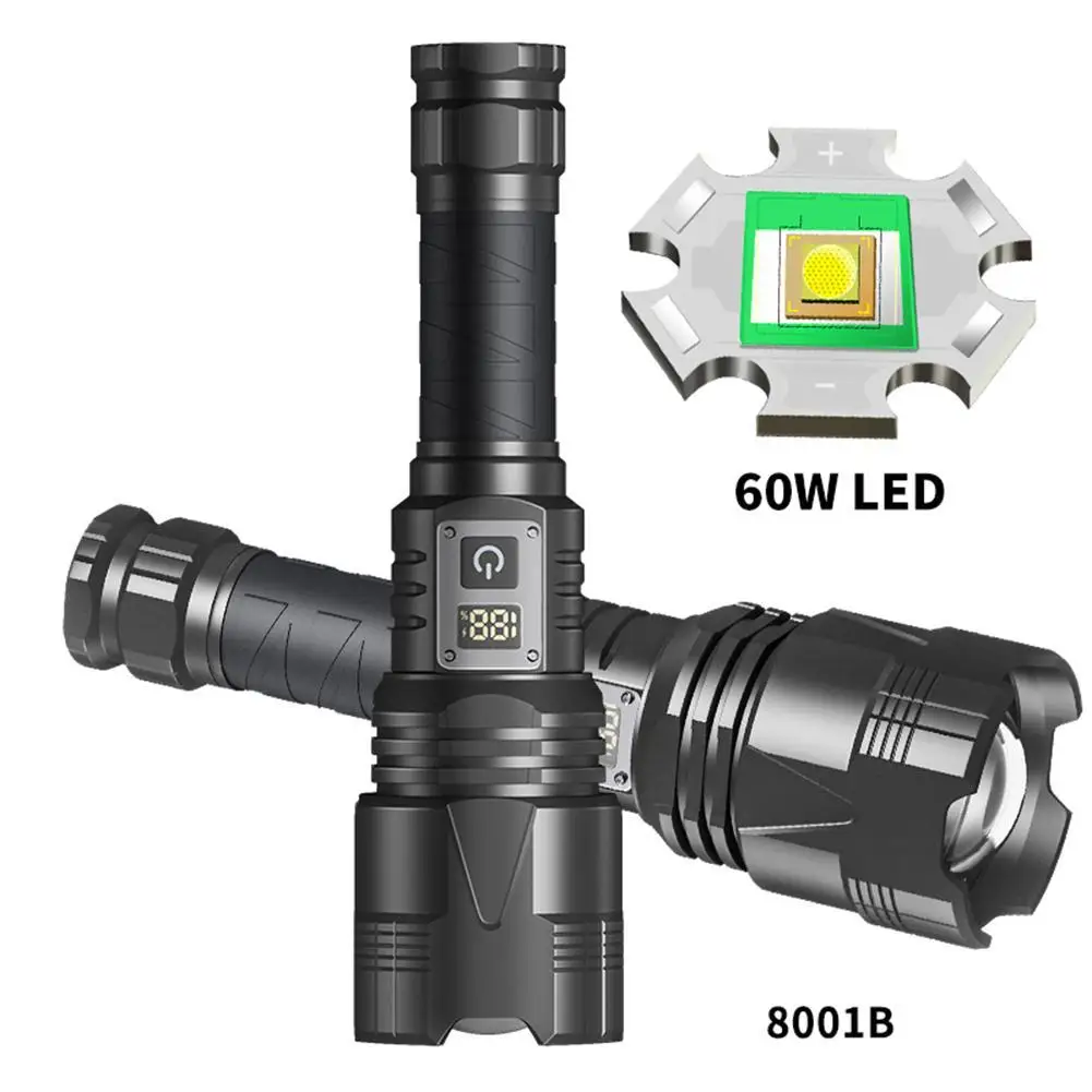 

60W XHP360 Powerful Handheld Flashlights Digital Power Display IPX4 Strong Light Long Range Outdoor Camping Flash Light Torch