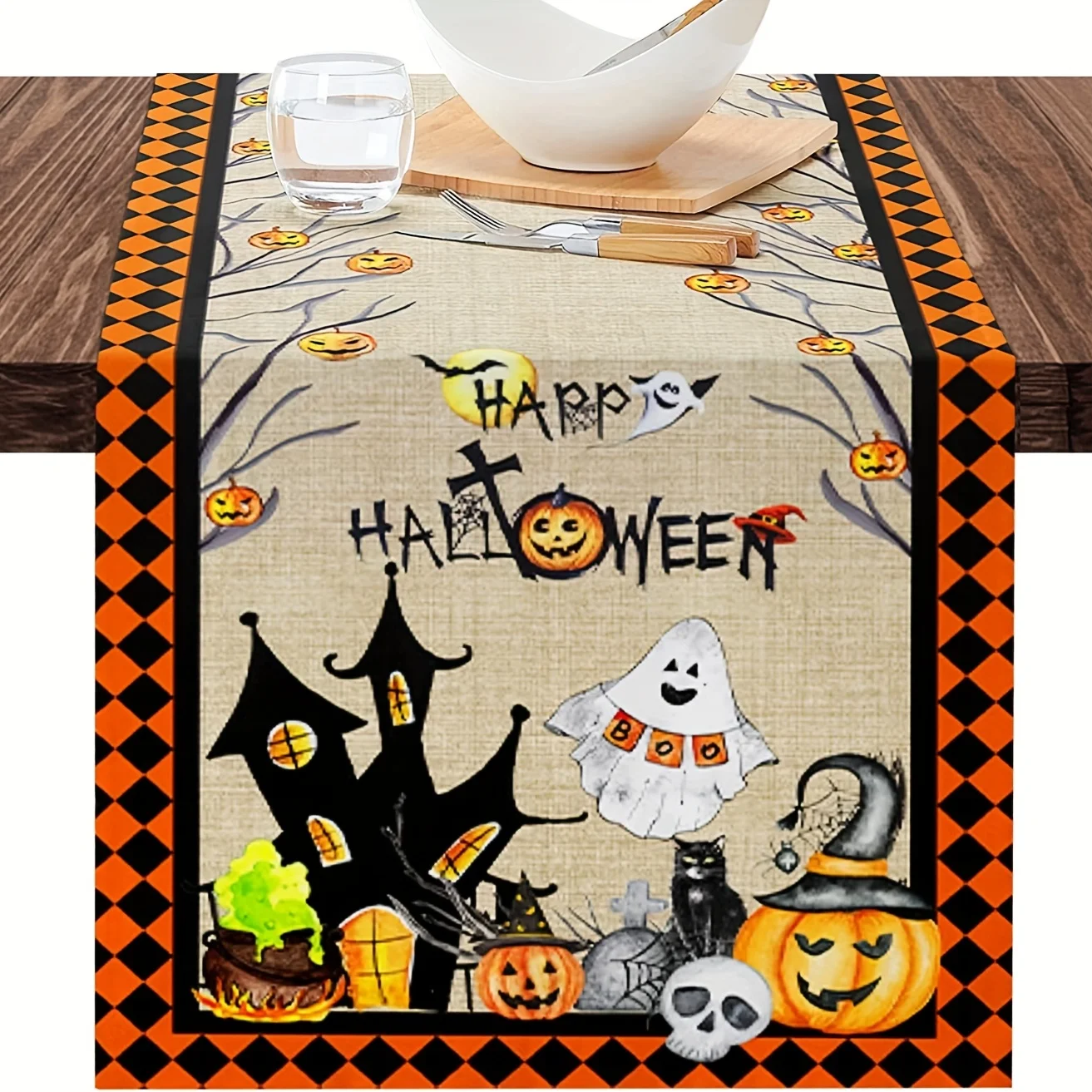 

Halloween Pumpkin Castle Linen Table Runners Kitchen Table Decor Washable Farmhouse Table Runners for Dining Table Party Decora
